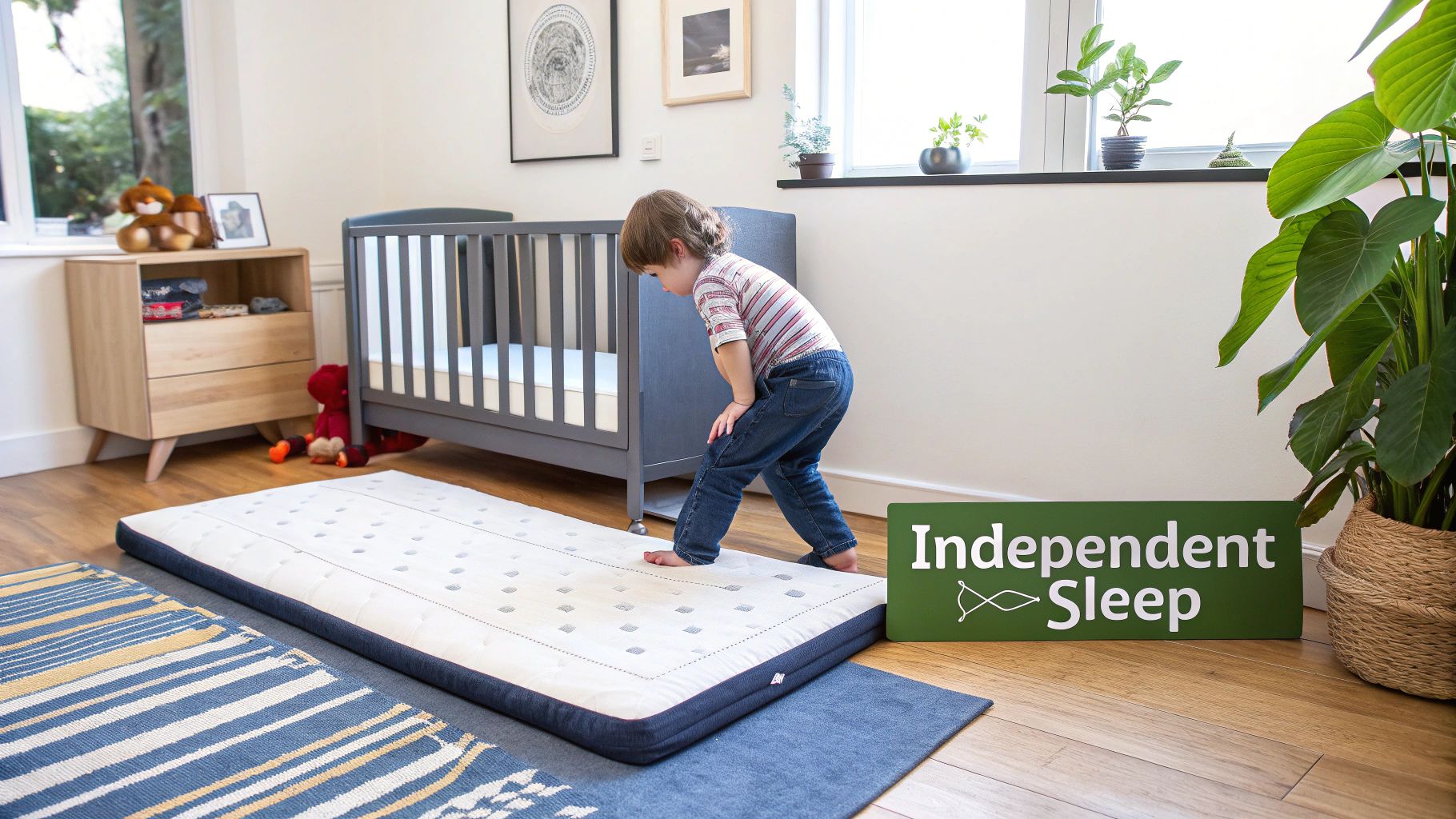 Toddler playing barefoot on a white floor mattress in a Montessori-style bedroom with a crib.