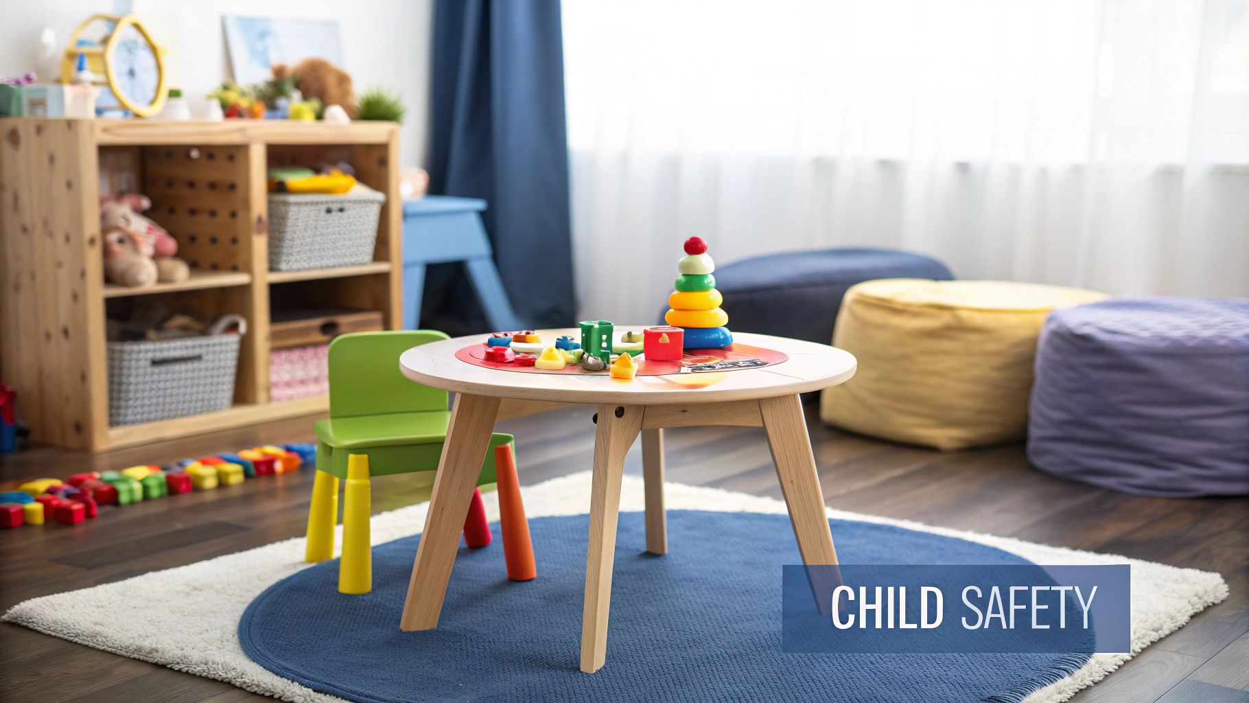 A close-up of the rounded, safe corners of a wooden toddler chair
