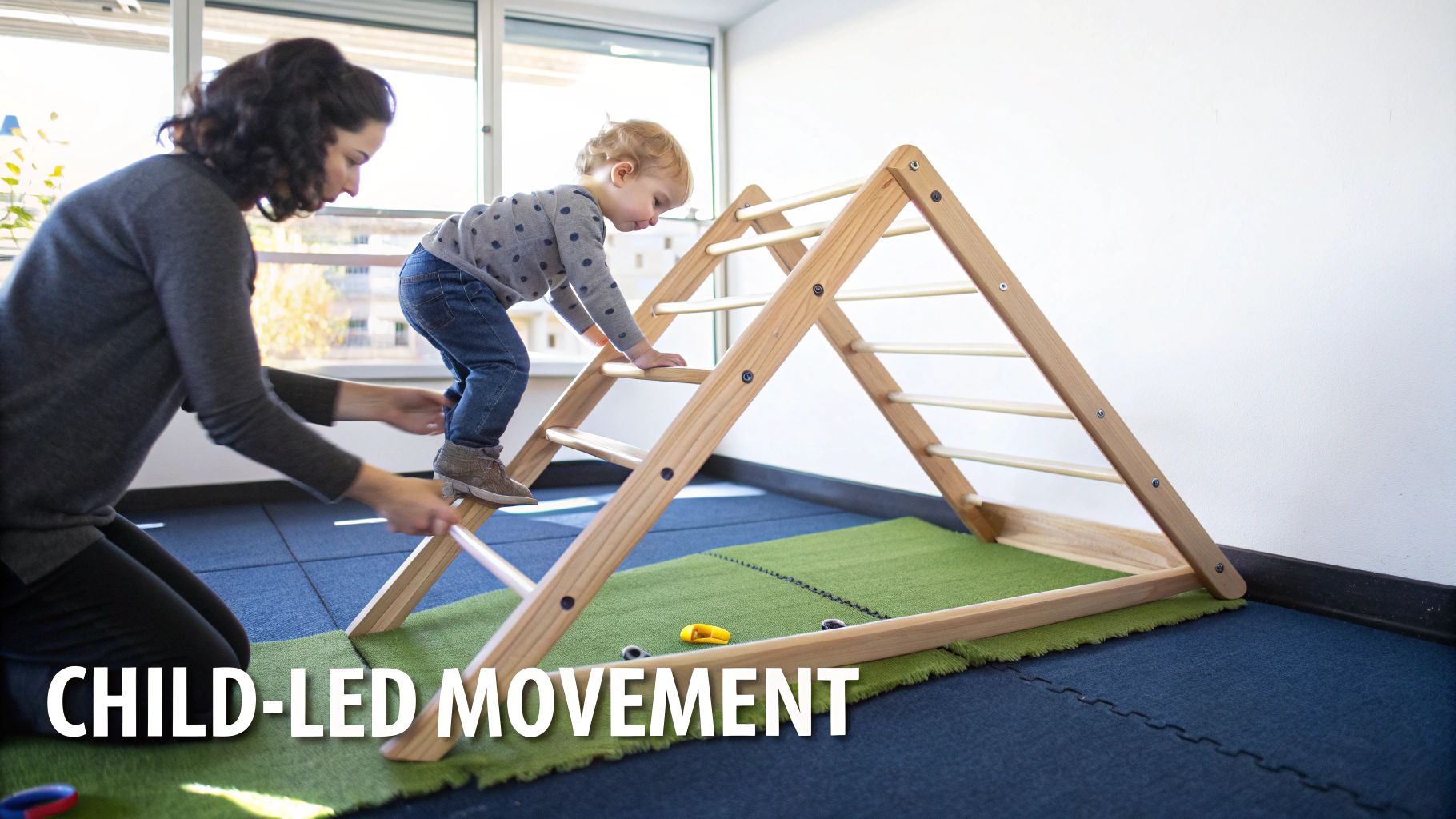 A caregiver assists a toddler confidently climbing a wooden Pikler triangle indoors, fostering child-led movement.