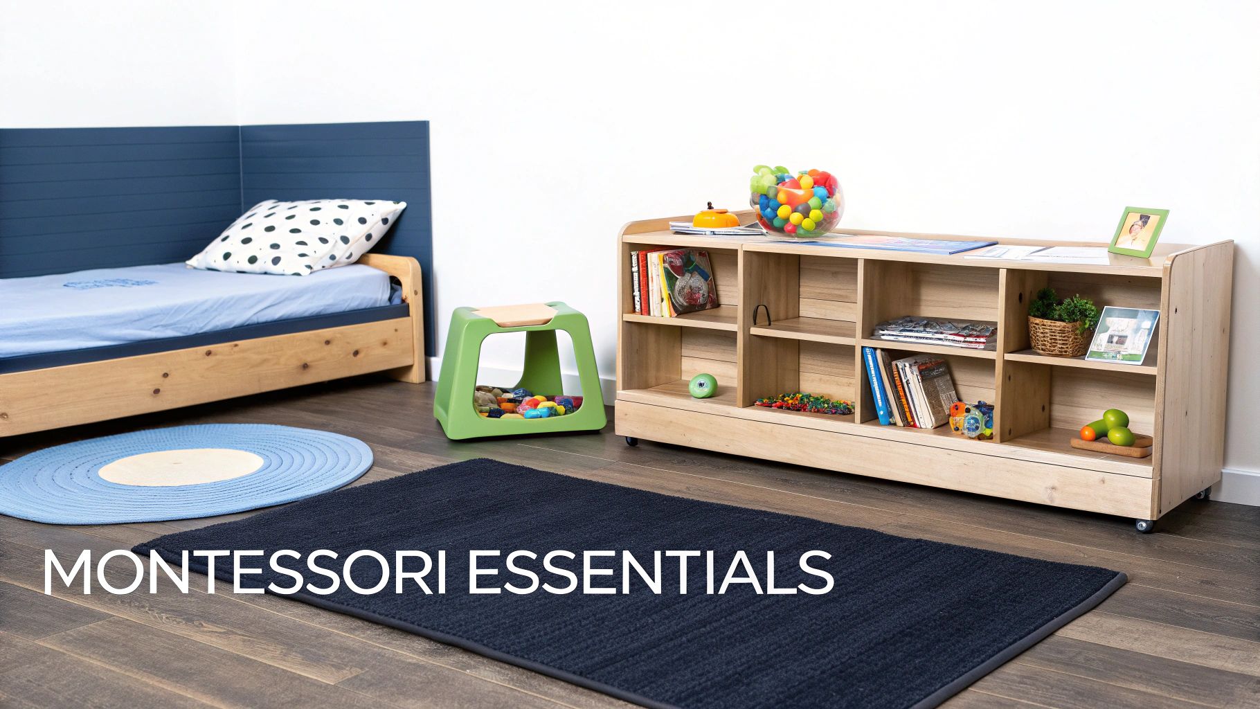 A child's Montessori bedroom with a low bed, bookshelf, and play stool, featuring educational toys.