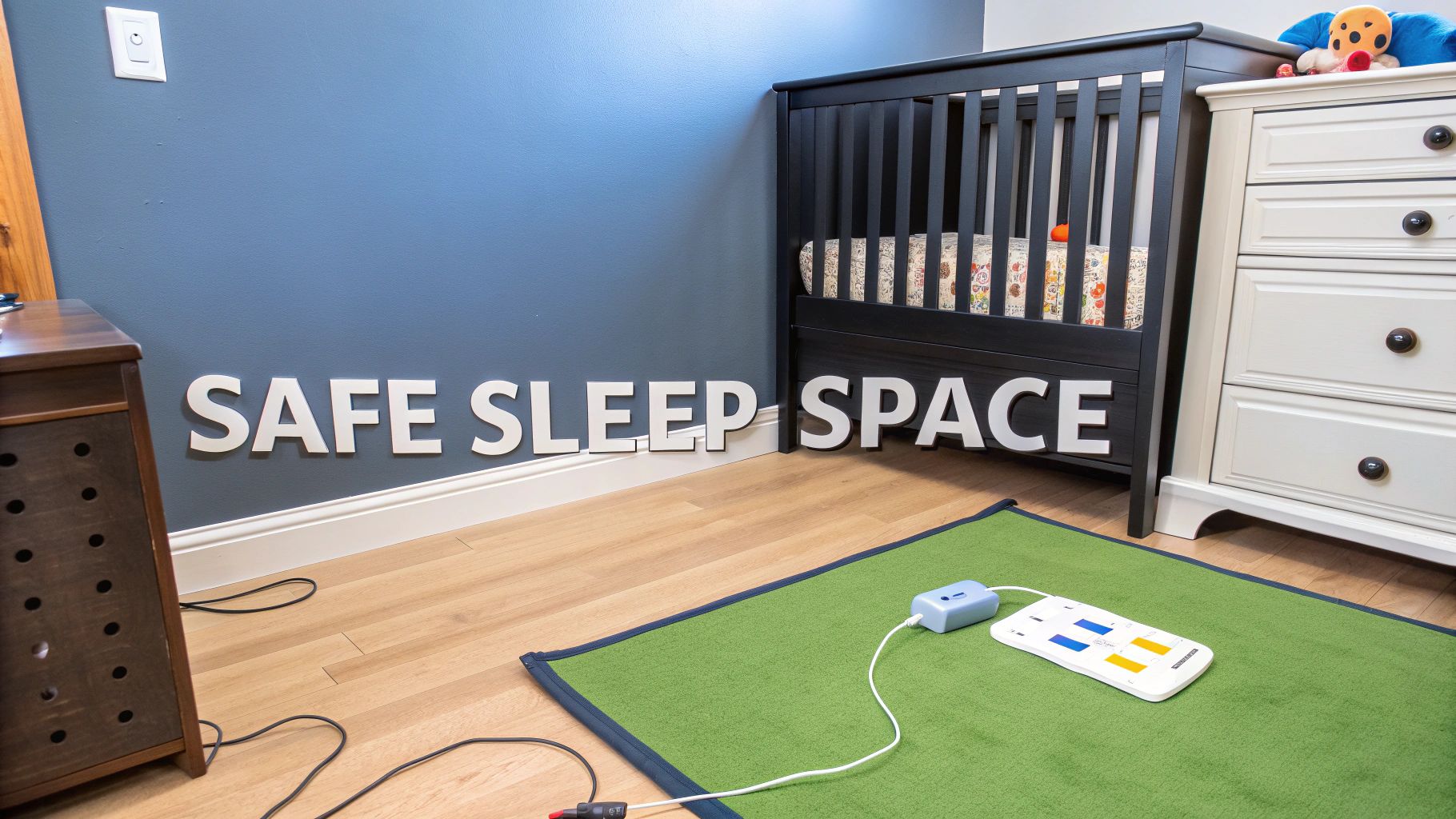 A baby's nursery with a crib, dresser, and wall art reading 'SAFE SLEEP SPACE'.