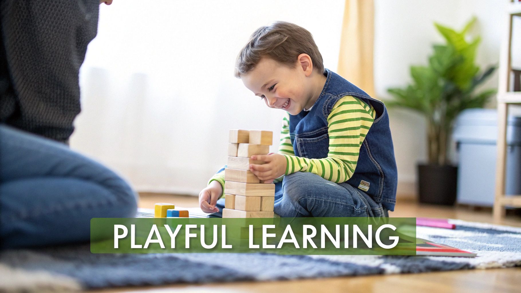 A young child joyfully building a tall tower with wooden blocks, representing playful learning.