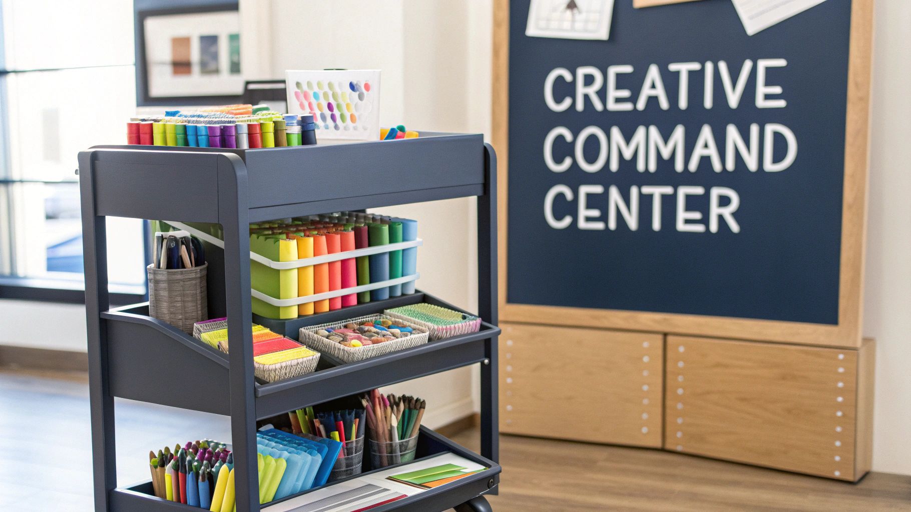 A neatly organized children's art cart filled with colorful supplies, ready for creative play.