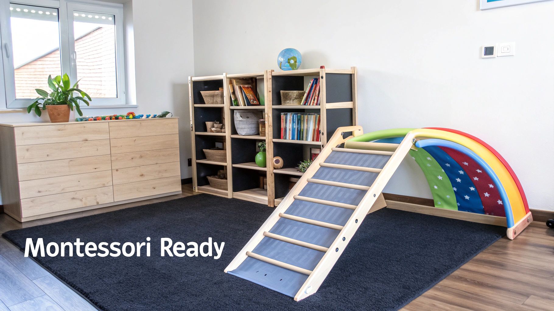 A well-organized Montessori-ready playroom featuring a wooden Pikler triangle, rainbow arch, shelves, and dresser.