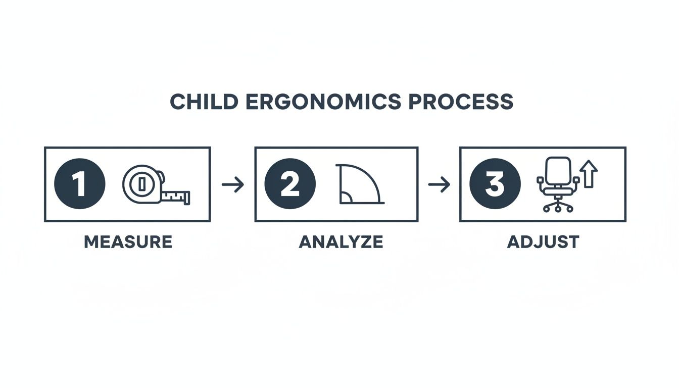 Diagram showing the child ergonomics process with steps: Measure, Analyze, and Adjust for proper setup.