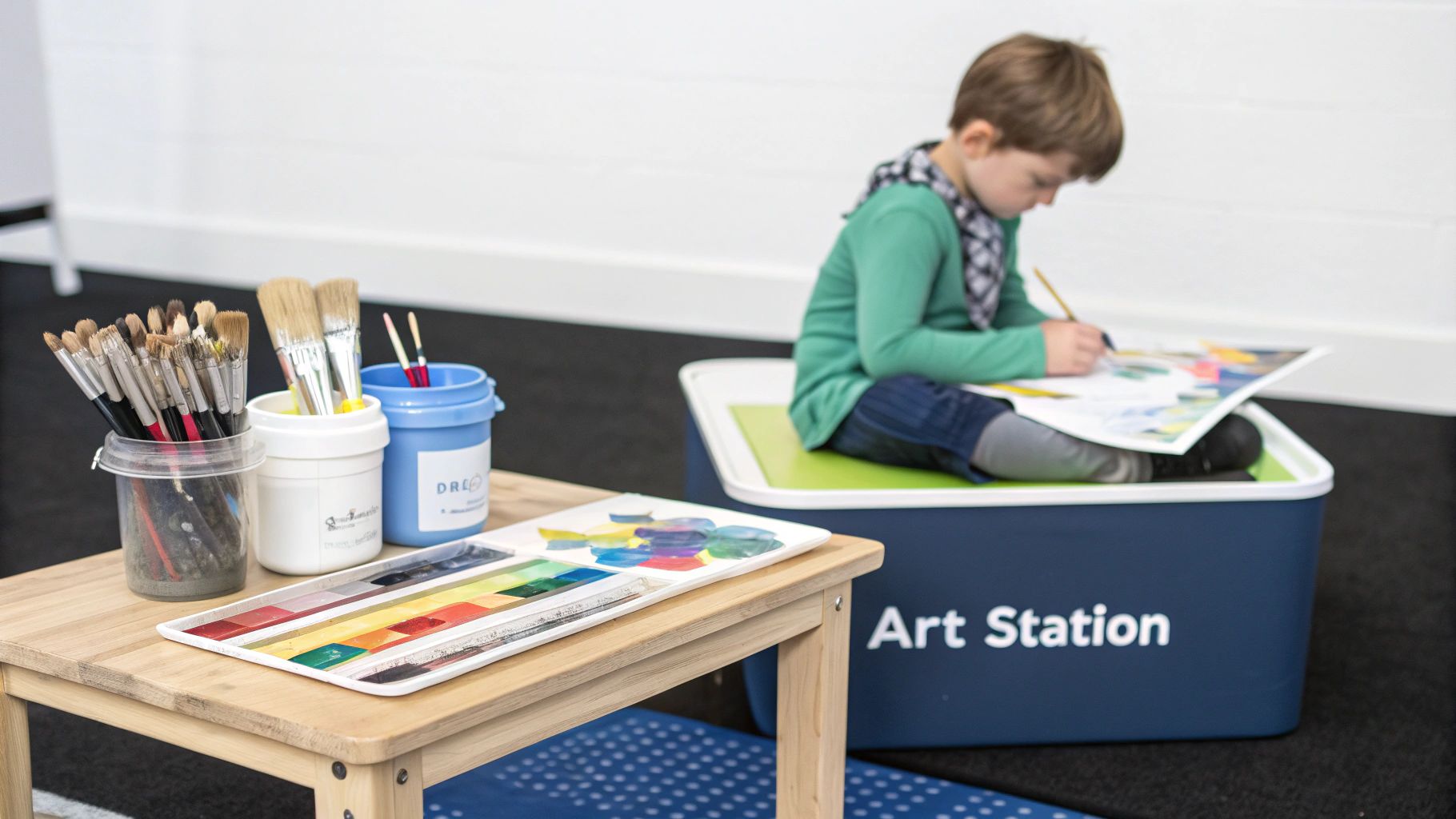 A young boy draws at an art station with various painting supplies nearby on a small table.