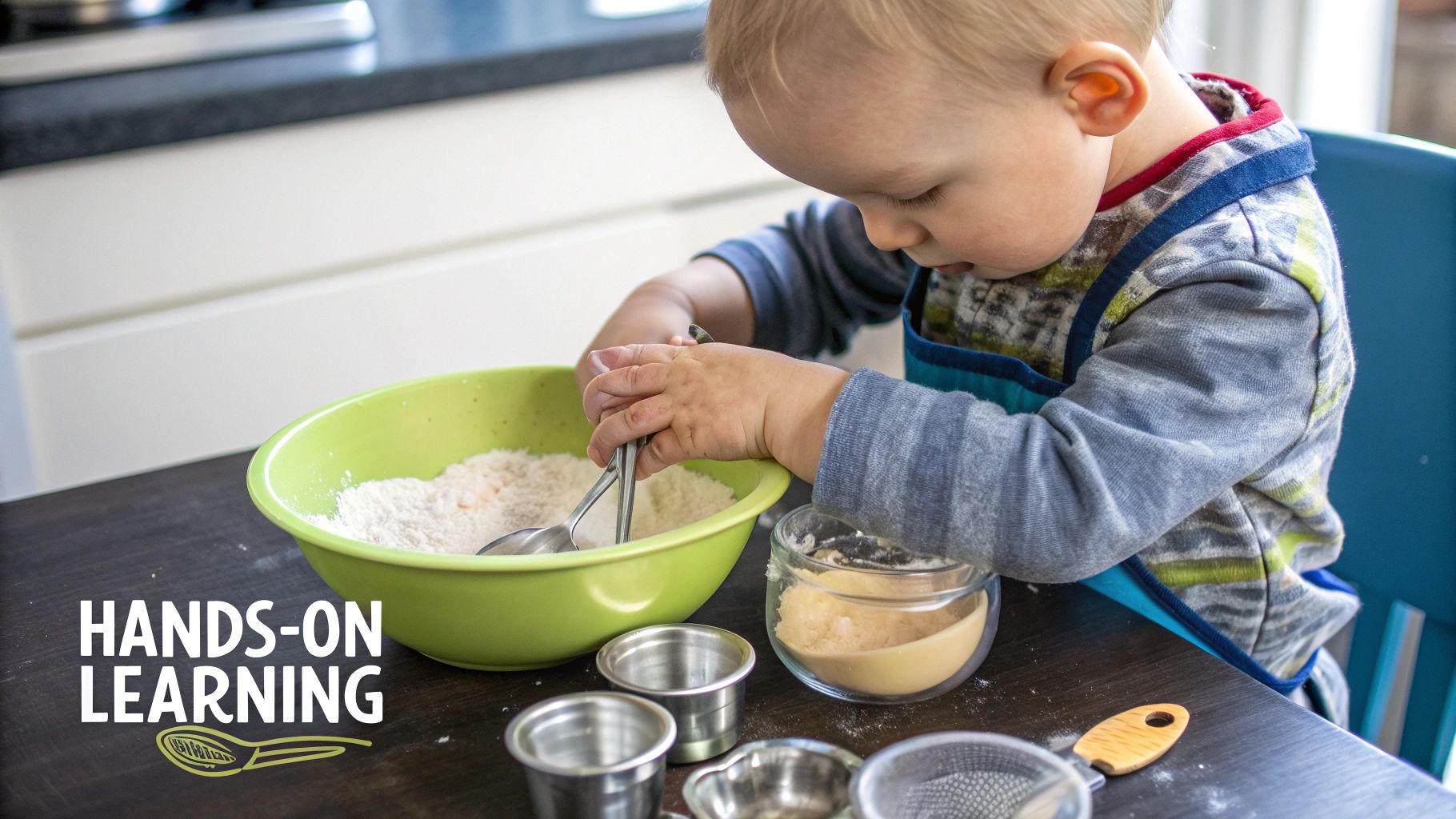 A young child in an apron is engaged in hands-on learning, mixing ingredients in a green bowl.