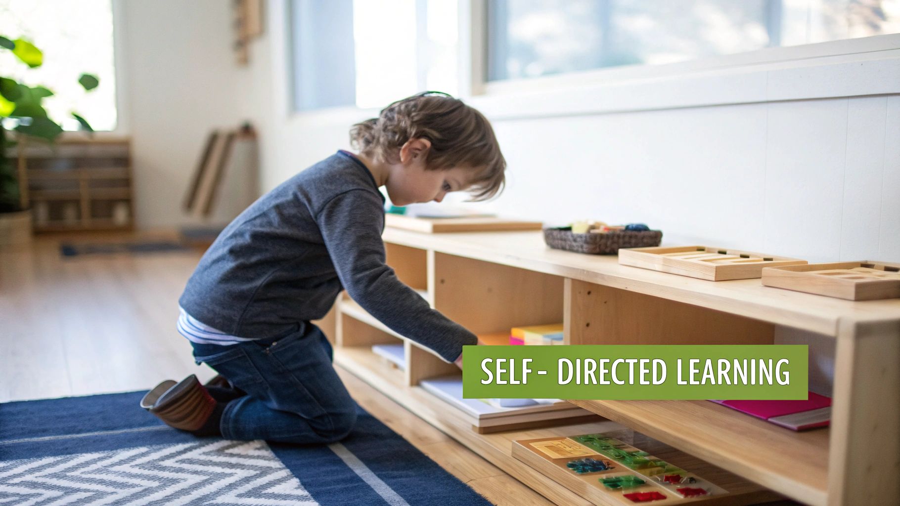 A focused child kneels on a rug, engaging in an activity on a low wooden shelf.
