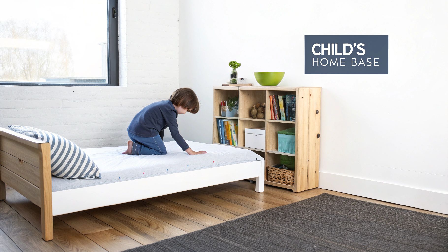 A child kneels on a white and wood floor bed in a bright, modern kids' room.