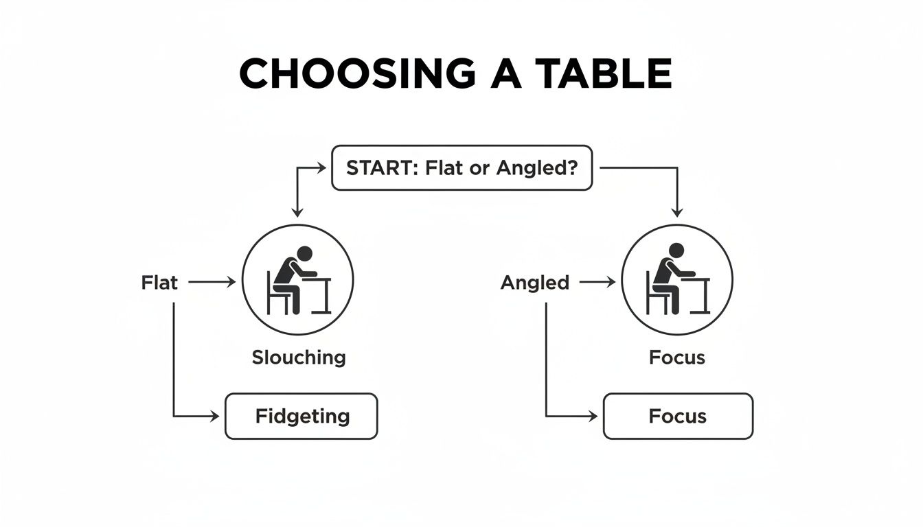 A flowchart showing that a flat table leads to slouching and fidgeting, while an angled table promotes focus.