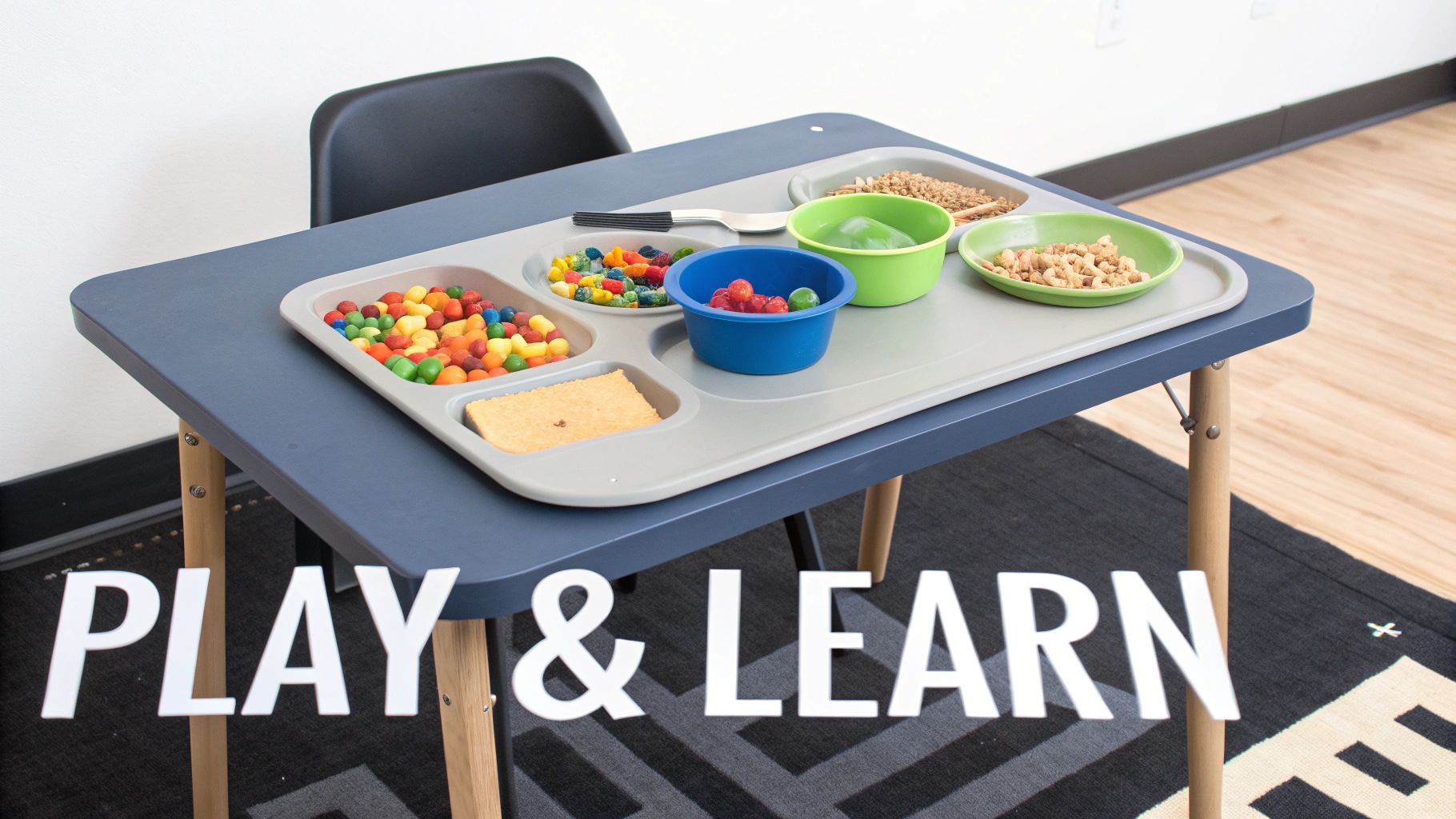 A child's play table with a sensory tray filled with colorful items and "PLAY & LEARN" text.