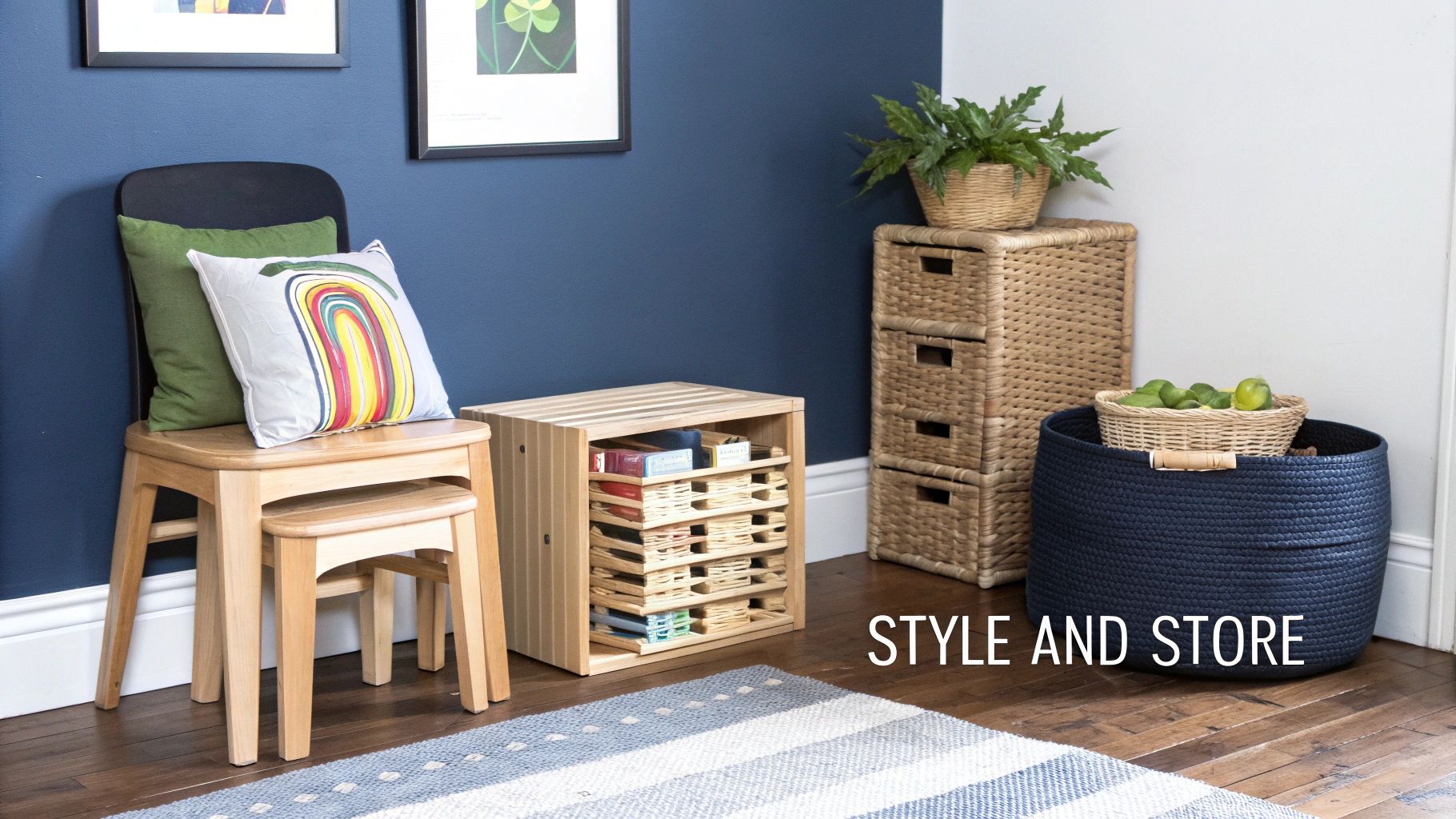 Room decor featuring wooden stacking chairs, storage units, decorative pillows, and wicker baskets.