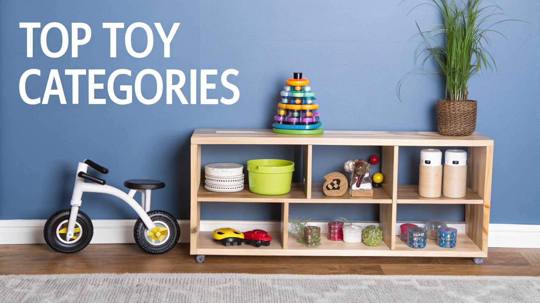 A playroom with a wooden shelf displaying diverse toys, a balance bike, and 'TOP TOY CATEGORIES' text.