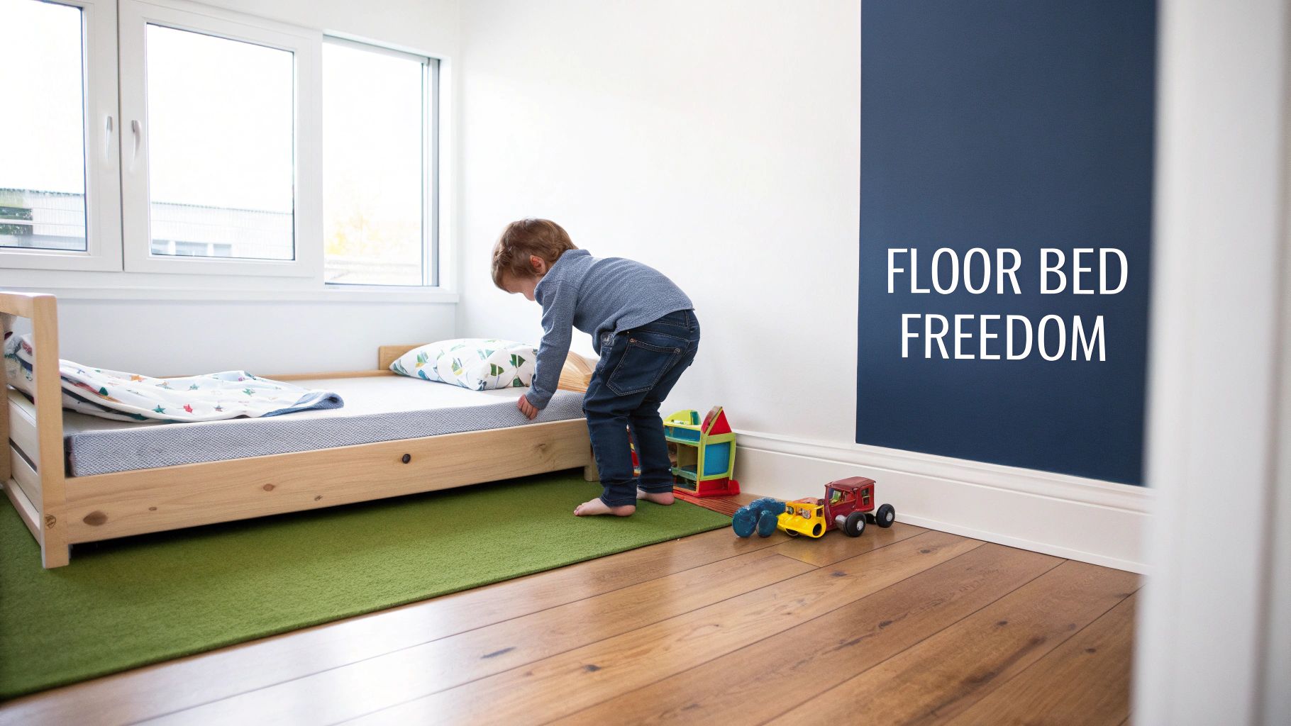 A young child in blue jeans reaches towards a wooden floor bed in a bright, modern room.