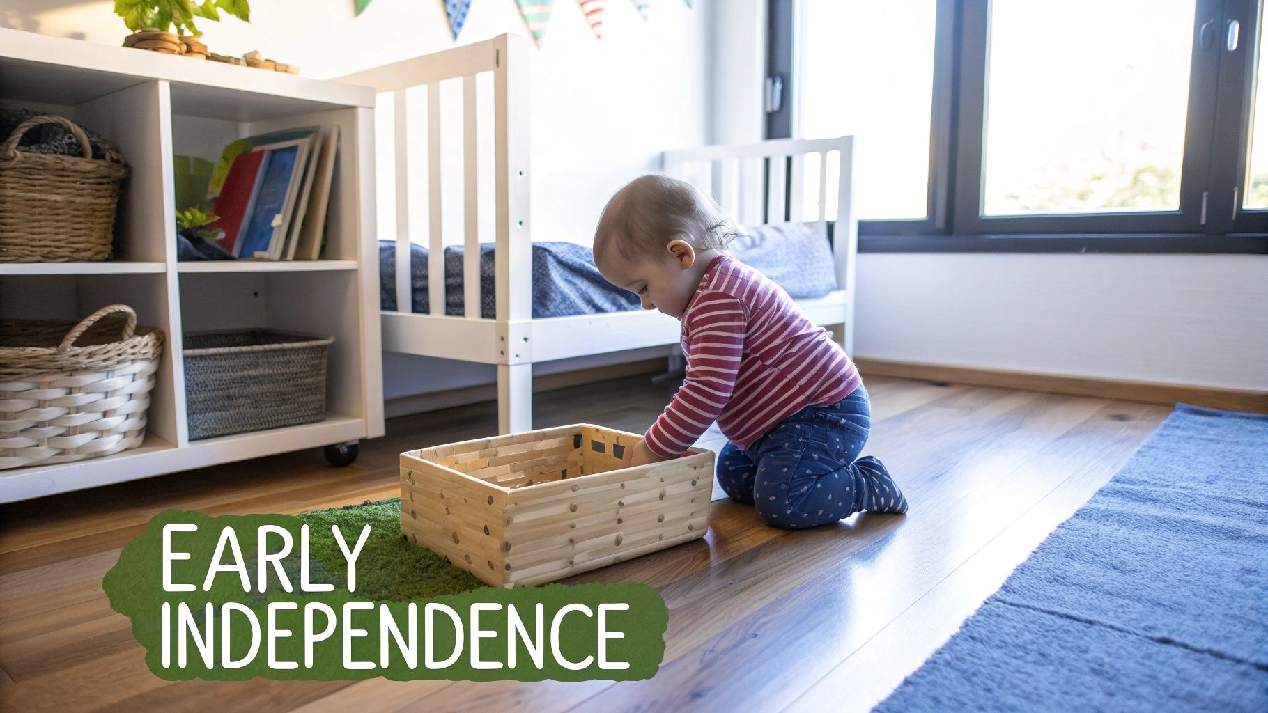 A young child kneels on the floor, exploring a wooden box, promoting early independence in a Montessori-style room.