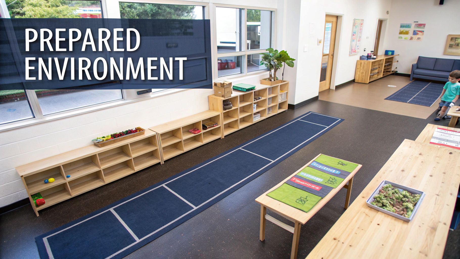 A bright, organized Montessori classroom with wooden shelves, blue mats, and a child.