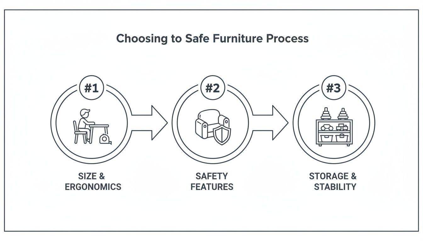 A three-step process diagram for choosing safe furniture: Size & Ergonomics, Safety Features, and Storage & Stability.