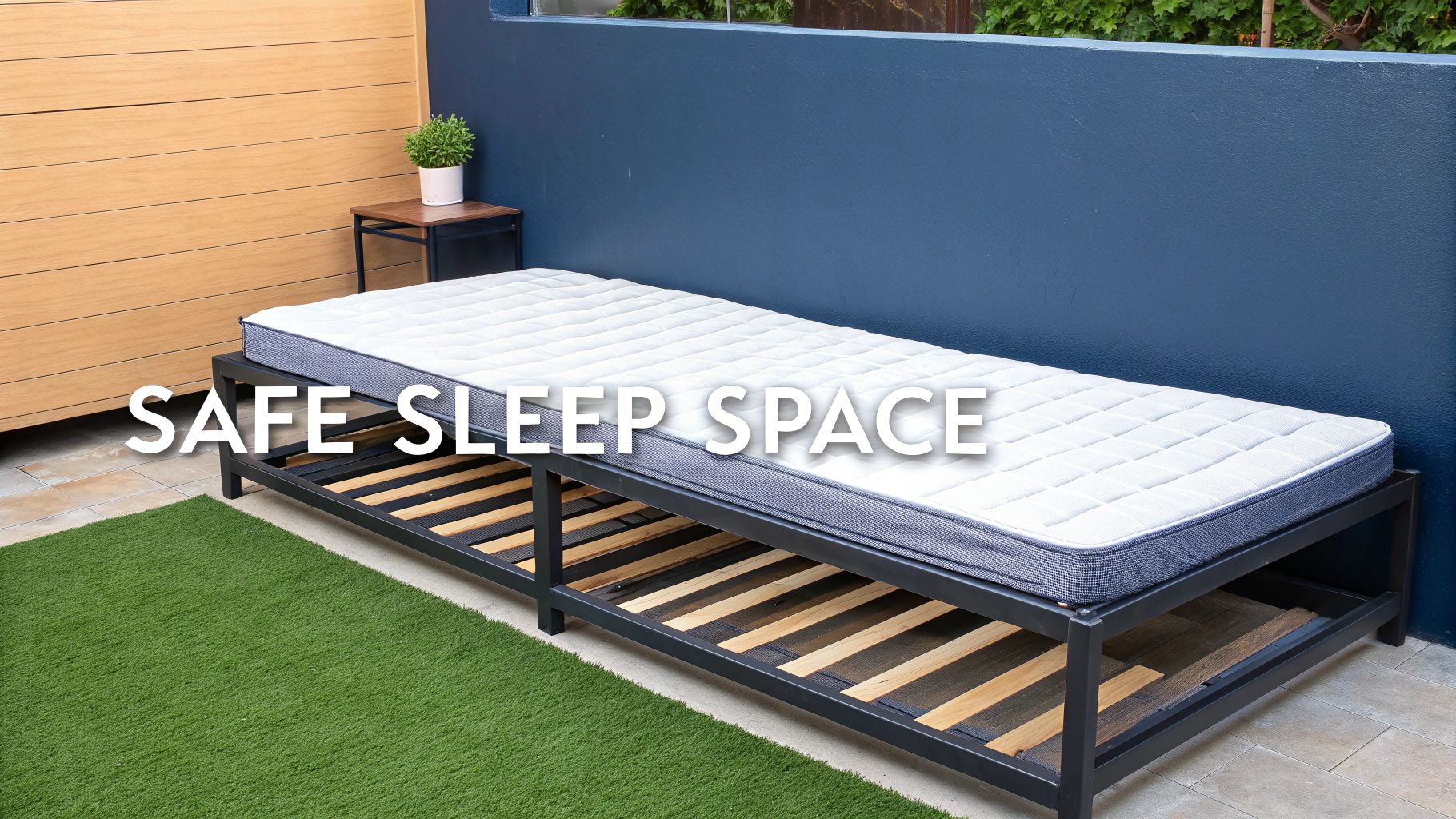 A white twin mattress on a low black metal bed frame with wooden slats in a minimalist room.