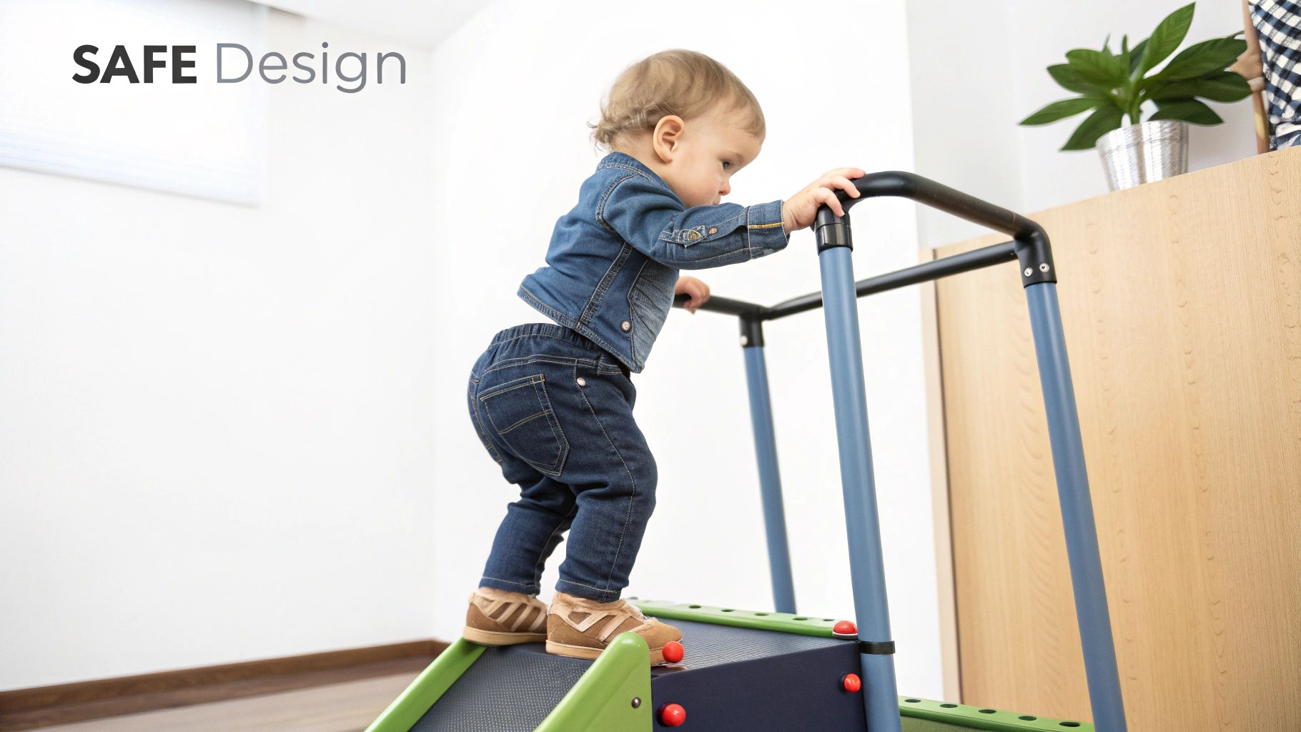A toddler in denim clothes stands on a colorful activity tower, holding the safety rail.