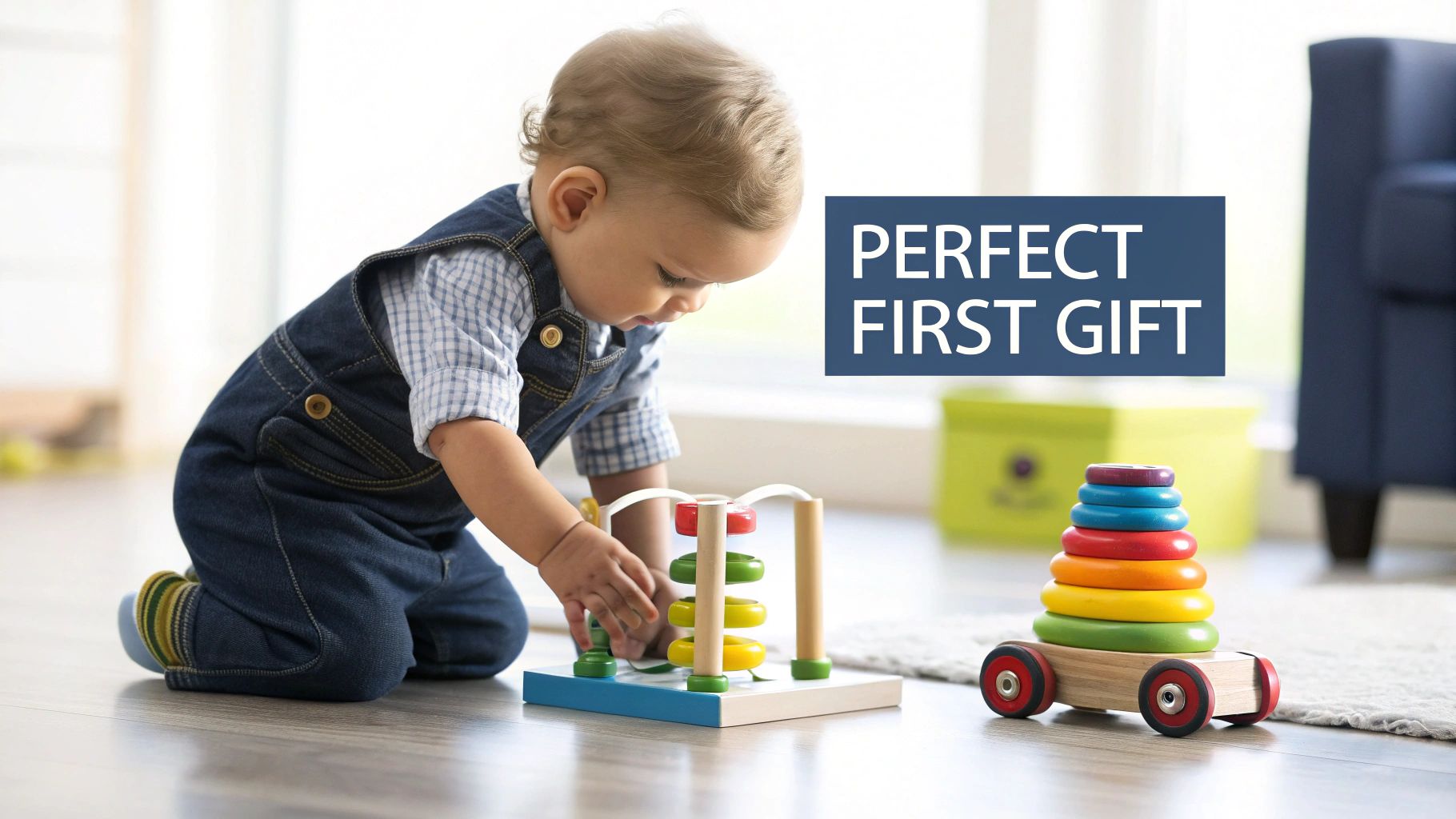 A cute baby boy in denim overalls playing with colorful wooden developmental toys on a wooden floor.