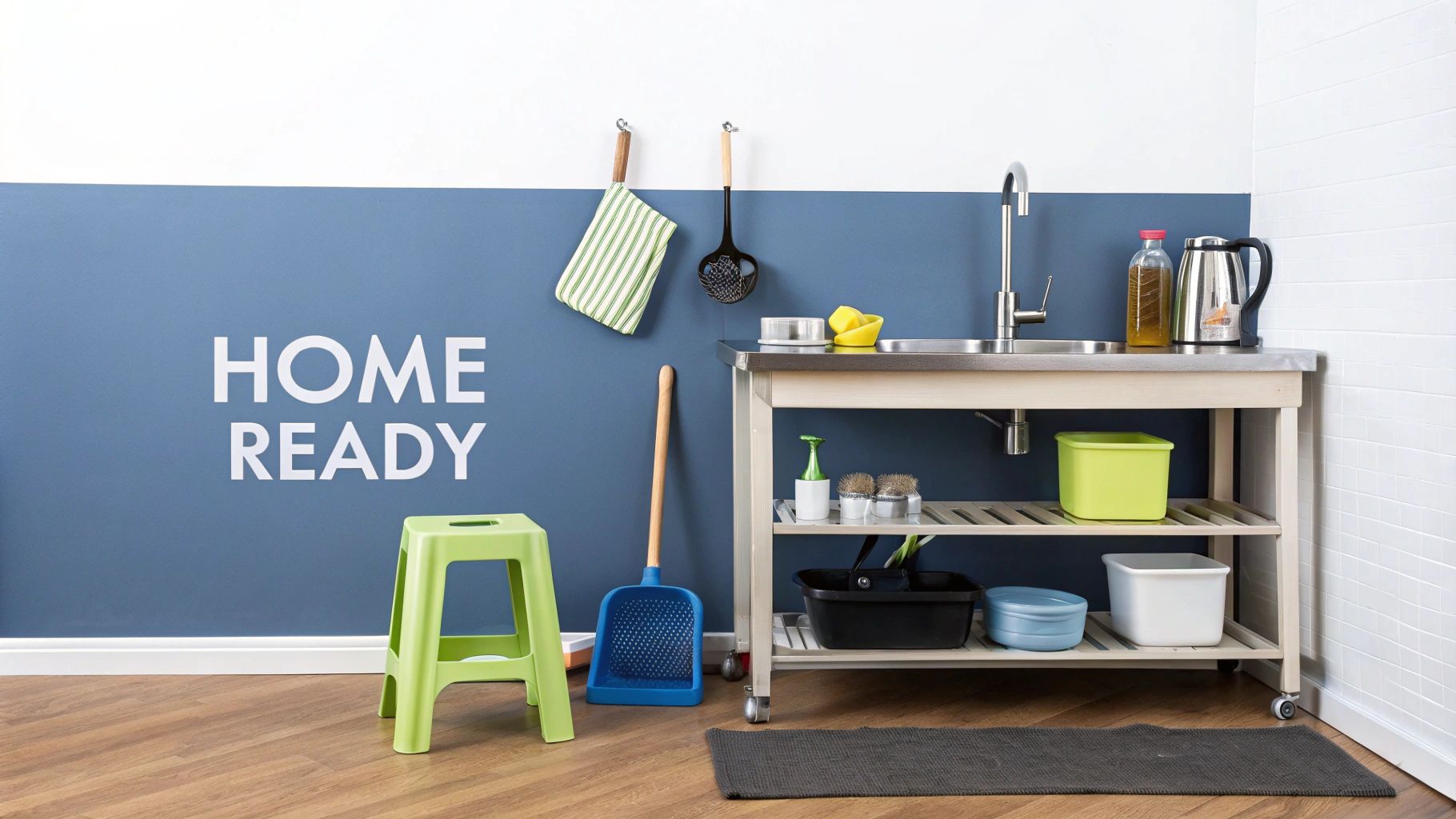 A young child stands on a wooden kitchen helper tower at a counter, focused on washing vegetables in the sink.