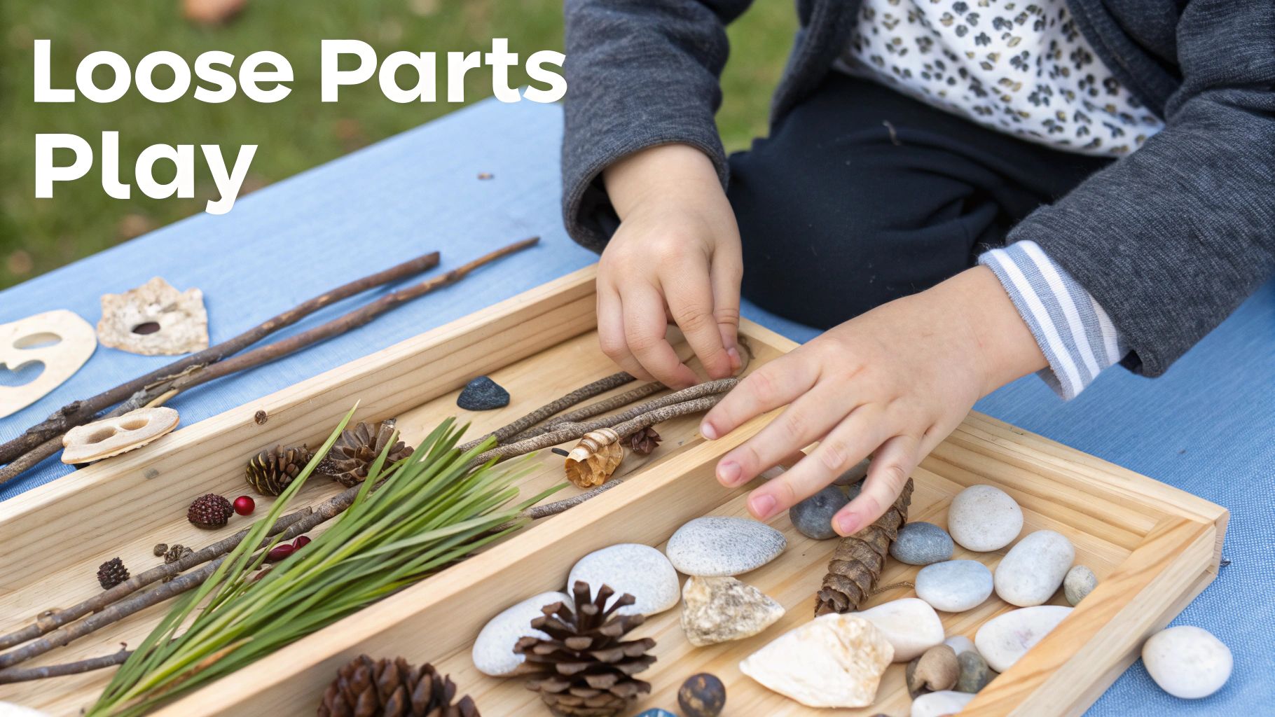 A child's hands arrange natural loose parts like stones, pinecones, and twigs in a wooden tray during play.