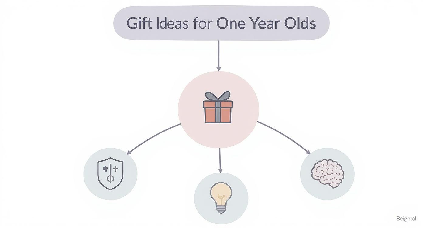 A mind map illustrates gift ideas for one-year-olds, connecting a gift icon to shield, lightbulb, and brain icons.