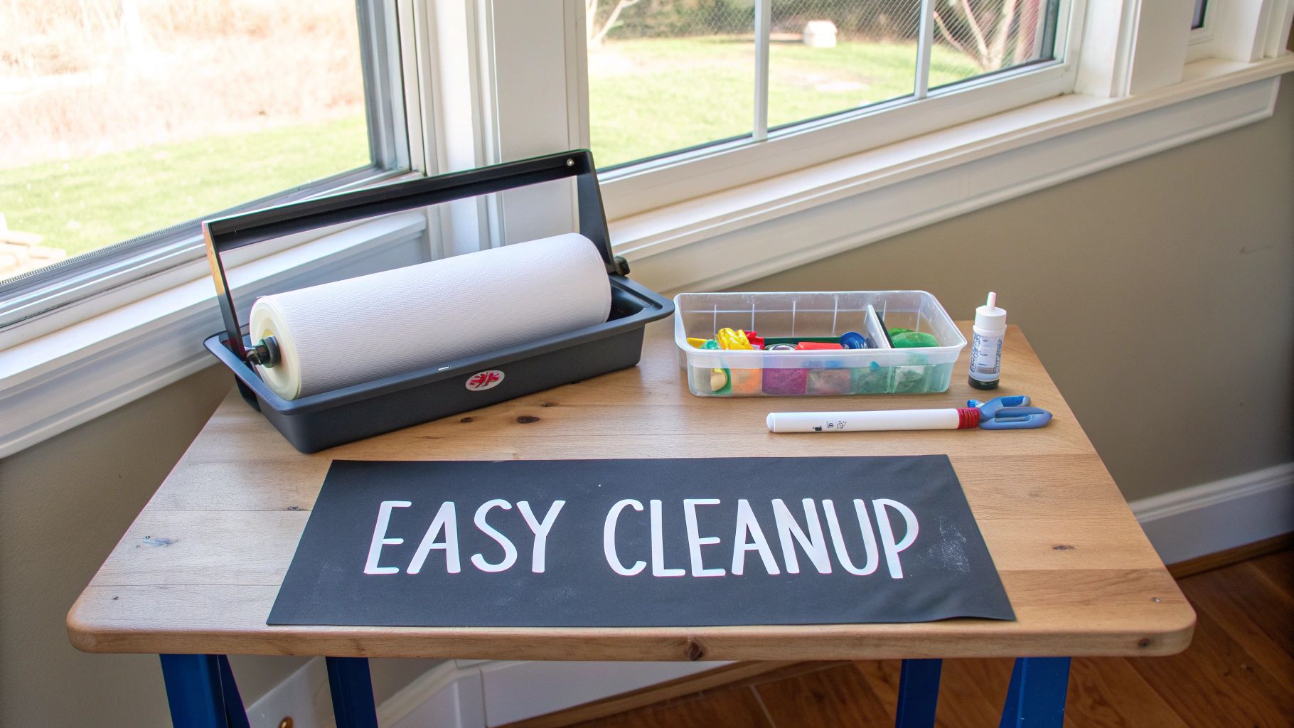 A wooden art and craft table featuring a paper roll, organized supplies in a storage container, and 'EASY CLEANUP' mat.