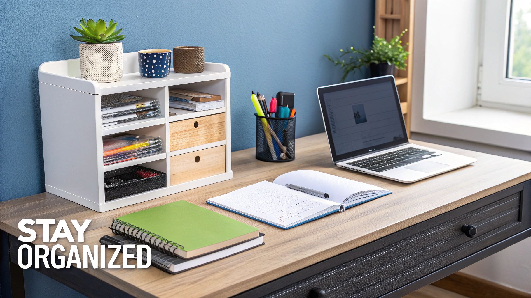A well-organized childrens homework desk with a pegboard and shelves on the wall above it.