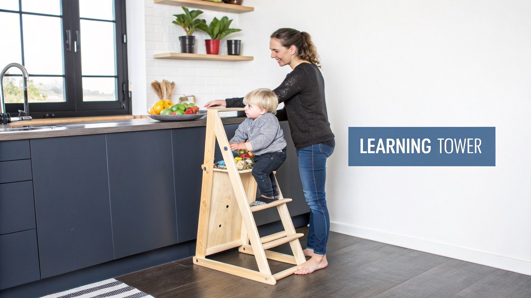A toddler on a wooden learning tower interacts with a bowl of fruit while a smiling mother watches in a modern kitchen.