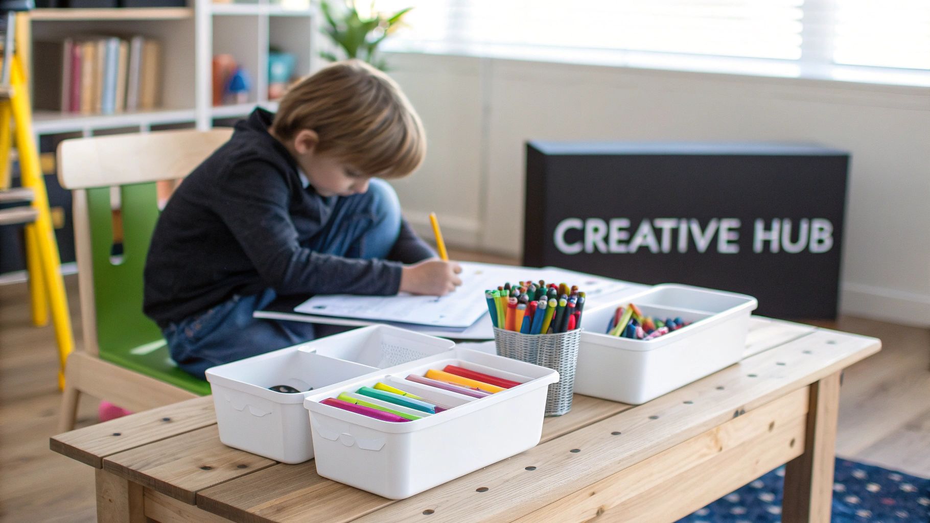 Young boy drawing at a wooden table with art and craft supplies organized in white bins.