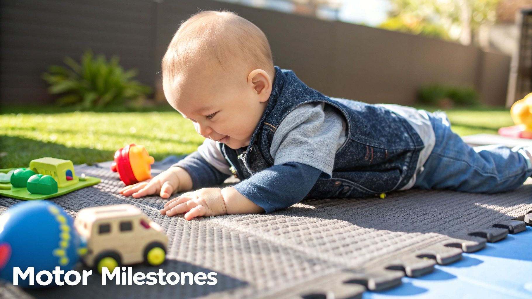 A baby playing on a colorful infant foam floor mat, reaching for a toy.