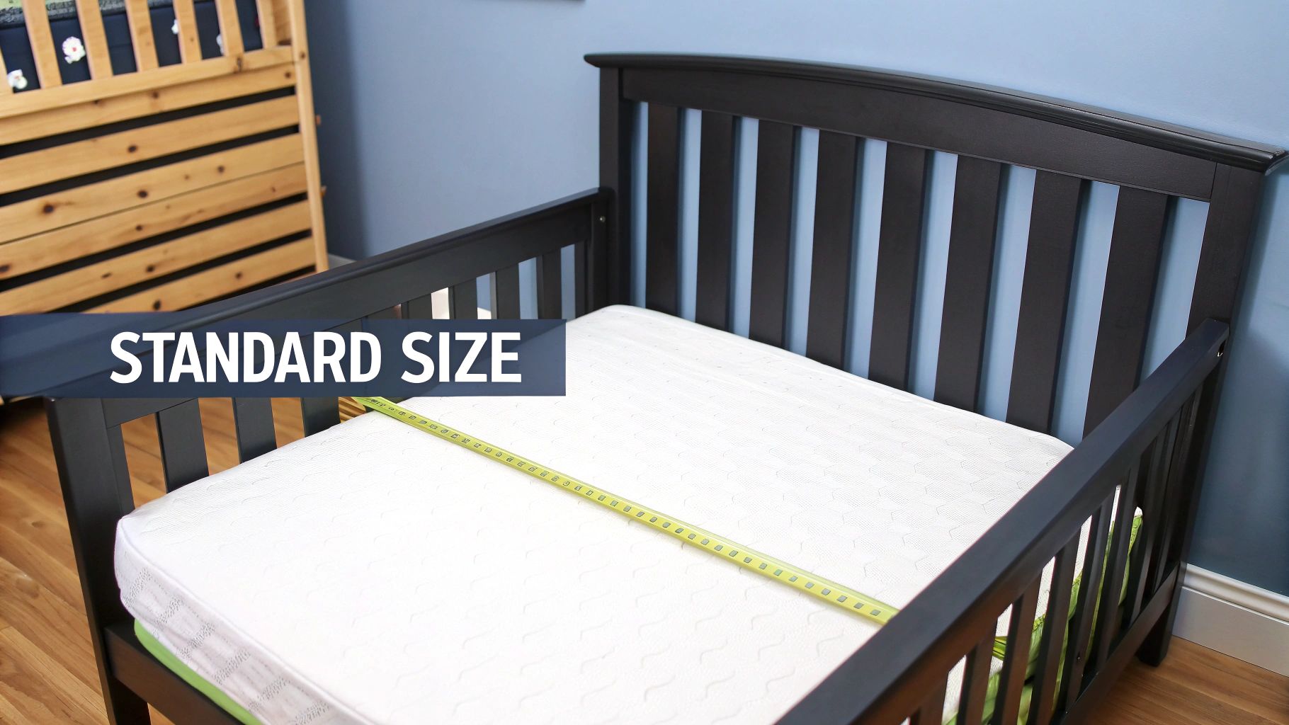 A standard size white mattress in a dark toddler bed is measured with a yellow tape.