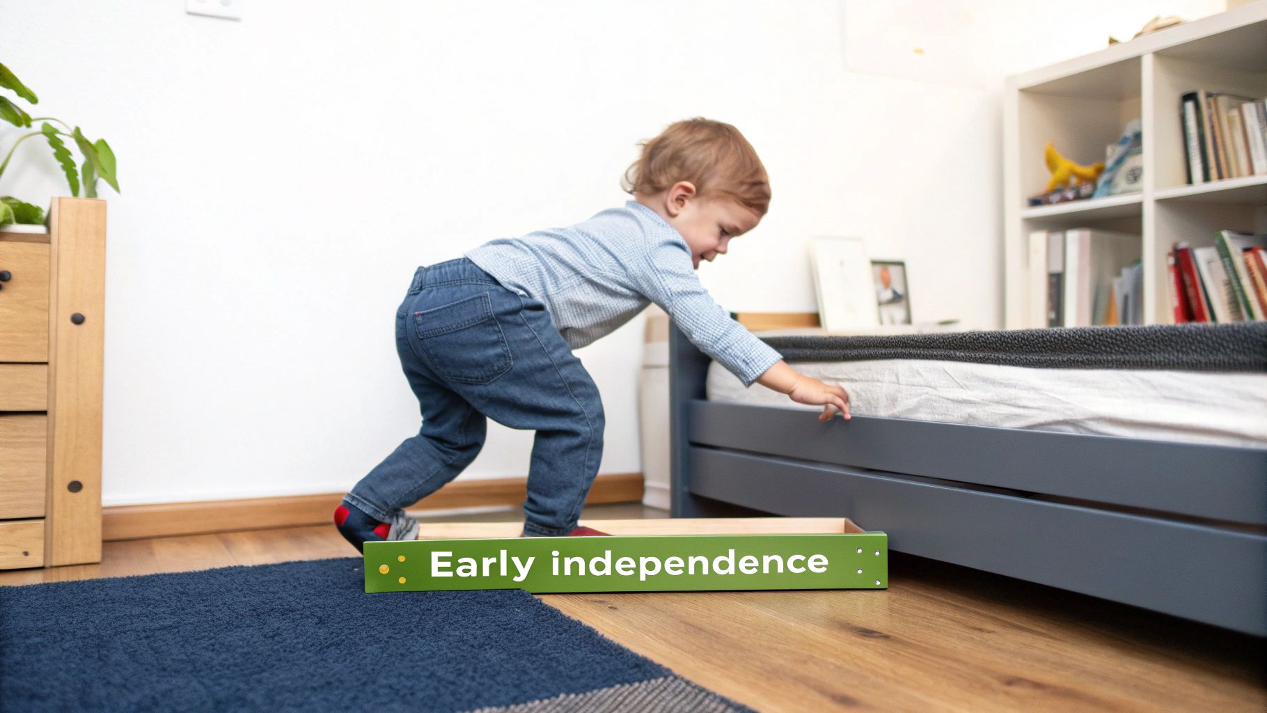 A toddler in jeans and a blue shirt interacts with a gray montessori floor bed, promoting early independence.