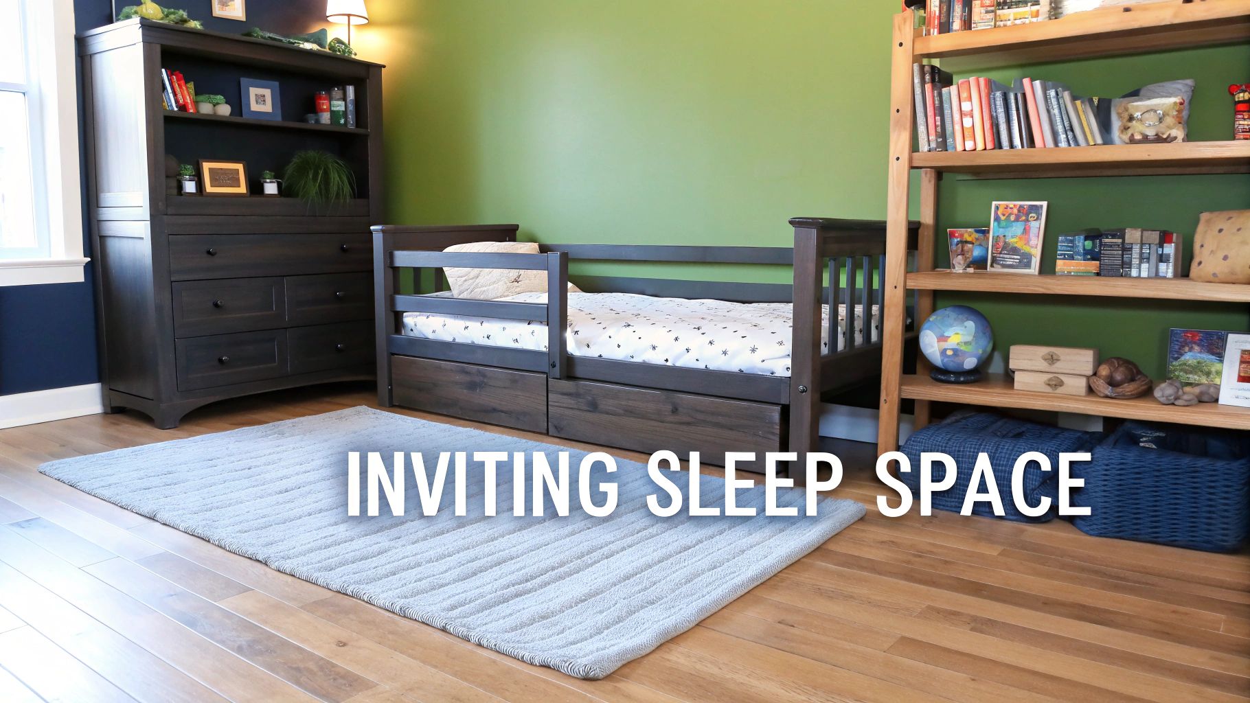 A cozy kids' bedroom features a dark wooden toddler bed with drawers, a dresser, and a tall bookshelf.