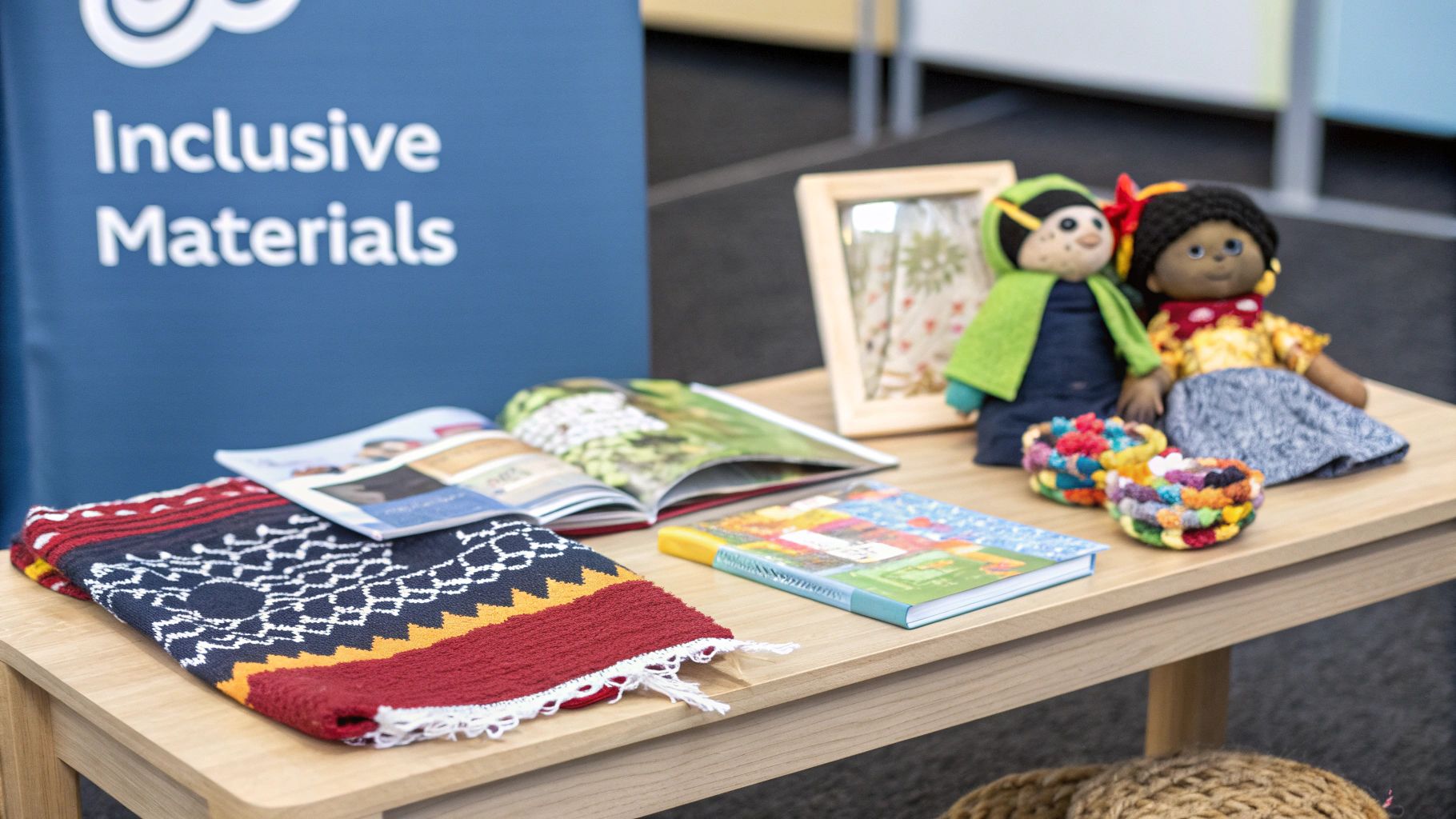 A display featuring an 'Inclusive Materials' banner, diverse dolls, books, and colorful crafts on a wooden table.