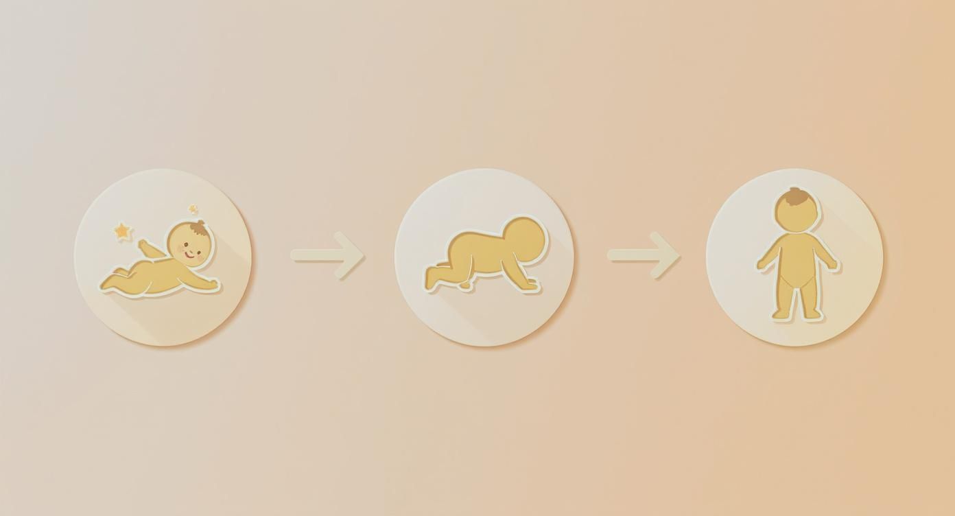 Illustration showing three stages of baby development: from lying on stomach, to crawling, to standing.