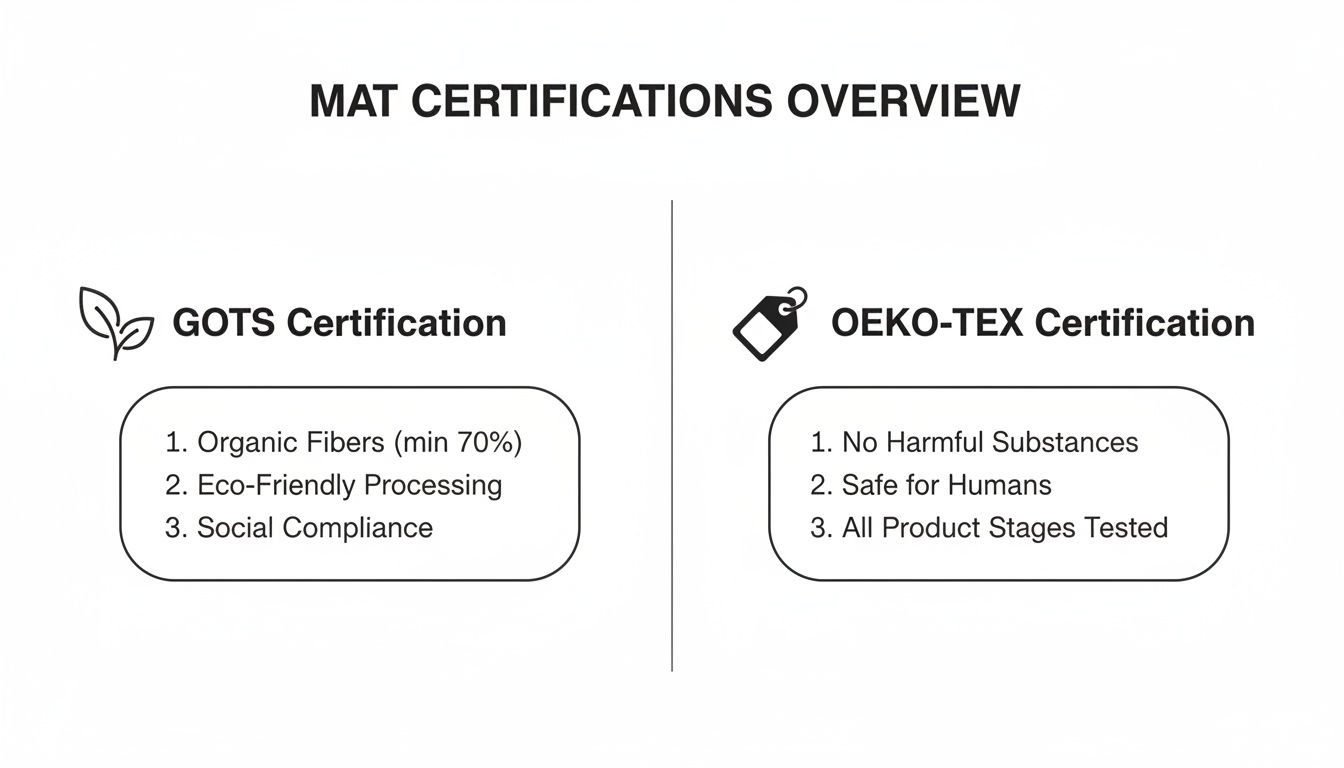 An overview comparing GOTS and OEKO-TEX mat certifications and their criteria for safety and sustainability.