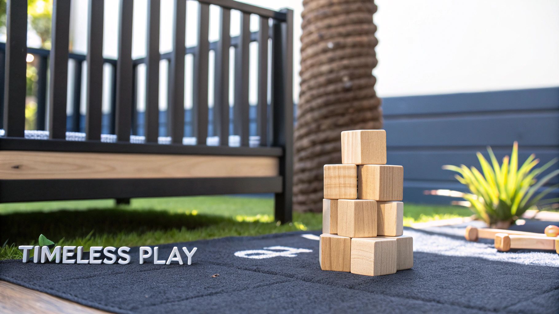 Wooden building blocks stacked on a black mat with 'TIMELESS PLAY' text, near a crib.
