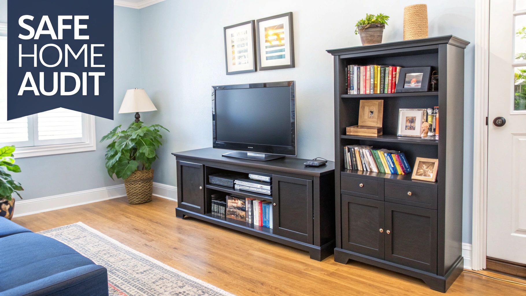 A neatly organized living room where furniture like the bookcase and TV stand are safely anchored to the wall.