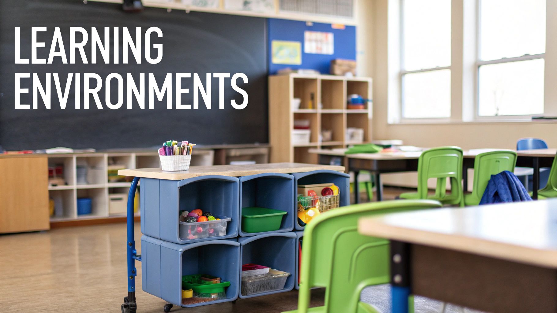 A bright, organized classroom featuring green chairs, desks, a blue storage cart, and a blackboard.