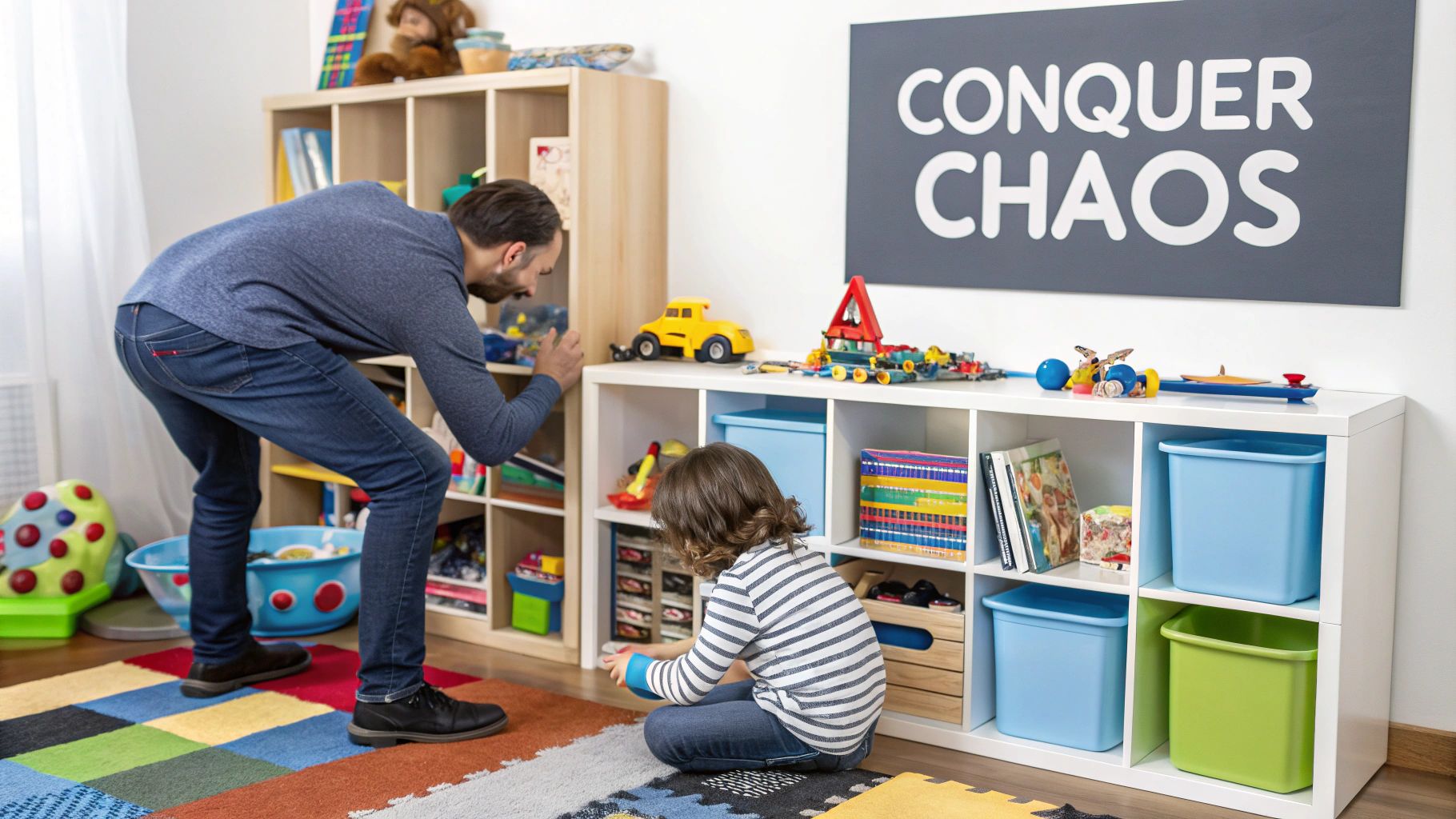 A beautifully organized playroom with wooden shelves and labeled bins.