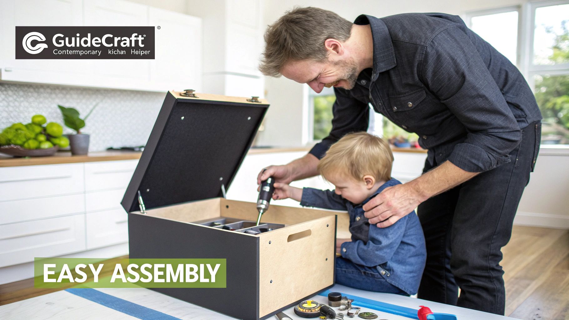 A smiling father and son are joyfully assembling a wooden toy box together with a drill.