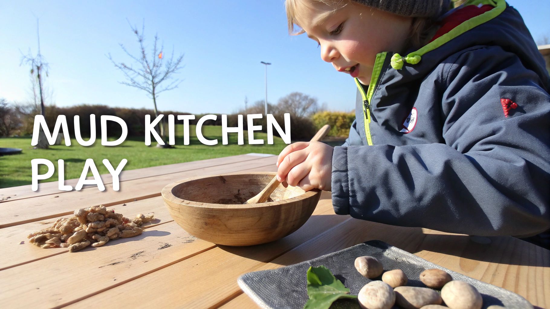 A young child enjoys mud kitchen play outdoors, stirring items in a wooden bowl on a table.