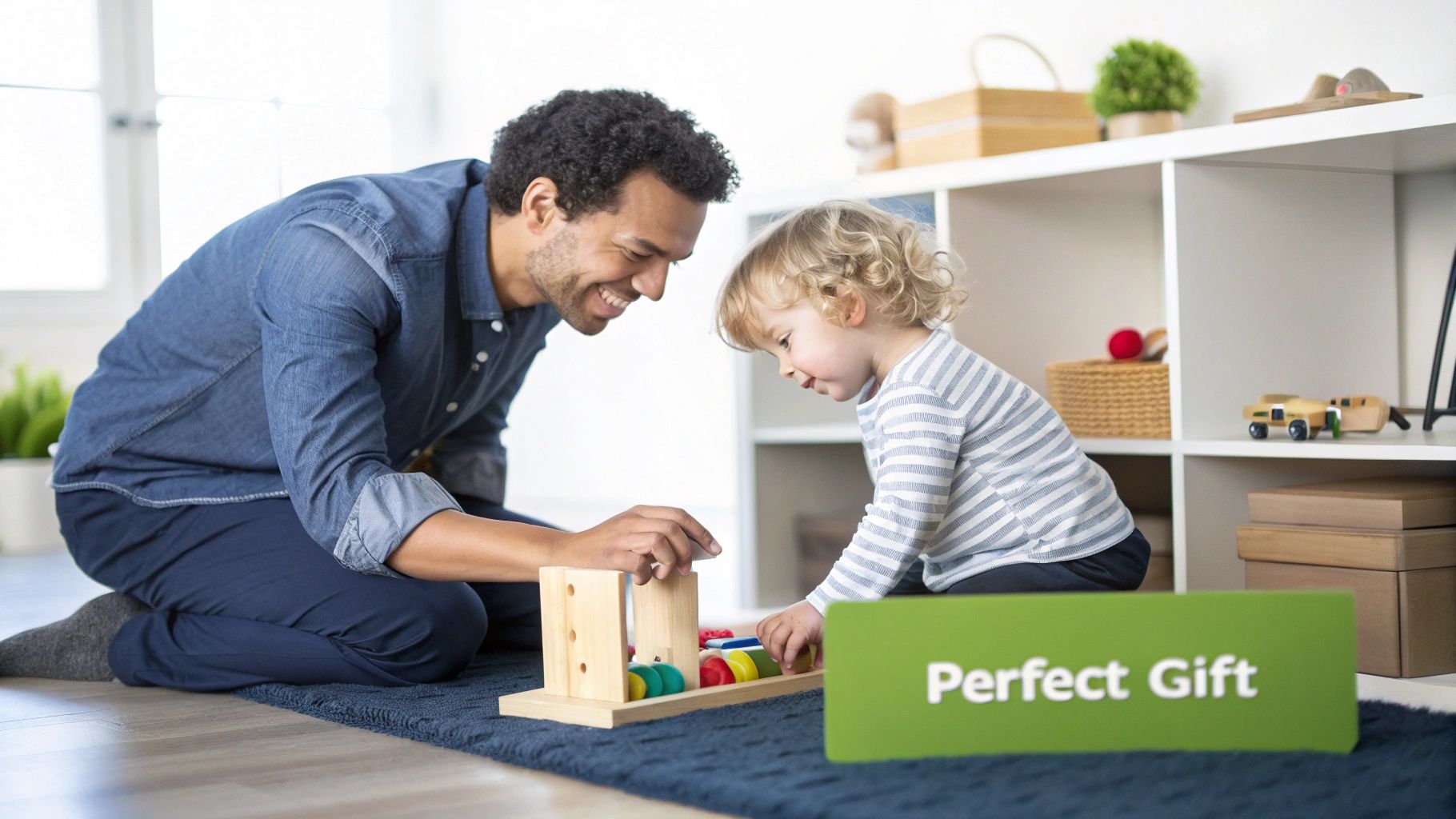 A smiling man and a young child playing with a colorful wooden toy on a blue rug.