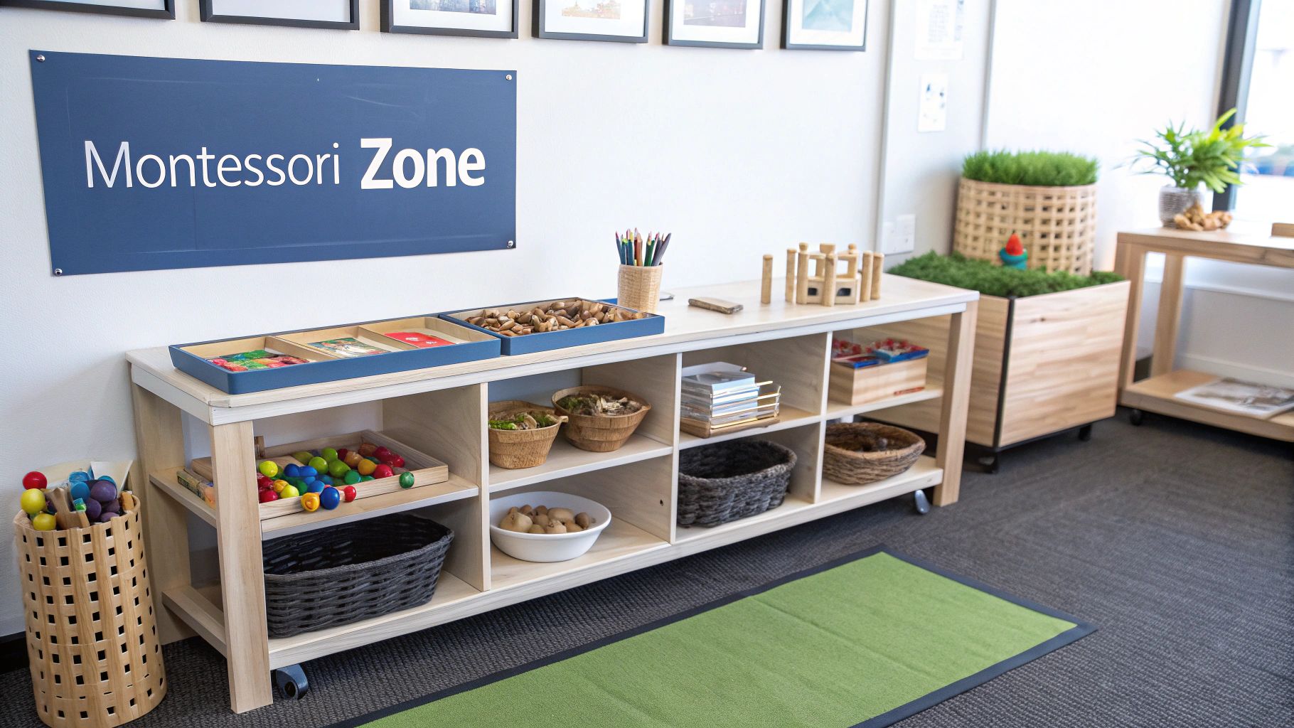 Montessori learning zone featuring wooden shelves stocked with educational toys and natural items.