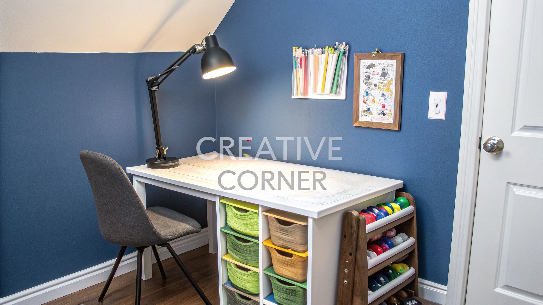 A well-lit children's creative corner featuring a desk, chair, colorful storage, and art supplies.