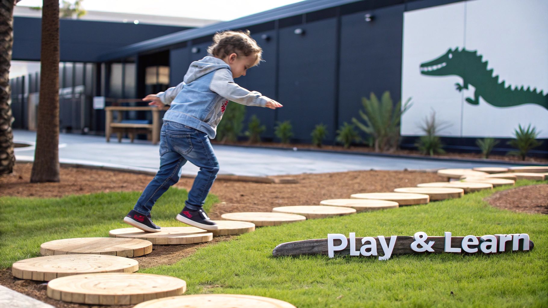 Young child balancing on wooden circular stepping stones in outdoor educational play area