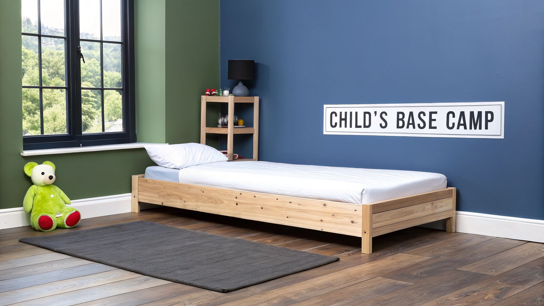 A child's bedroom with a natural wood bed frame, a green teddy bear, and blue and green walls.