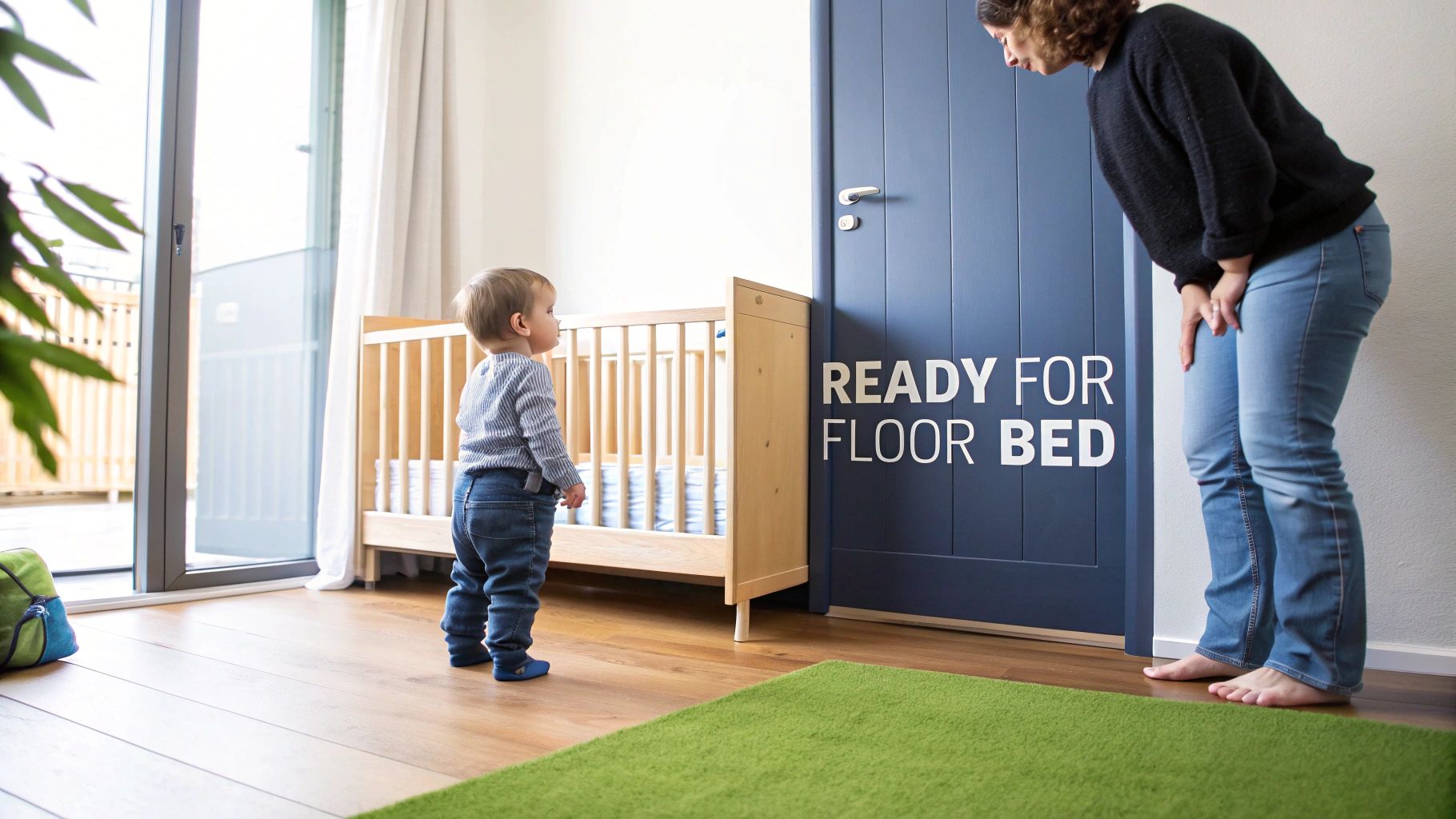 A baby stands near a wooden crib, looking at a woman beside a door saying 'READY FOR FLOOR BED'.